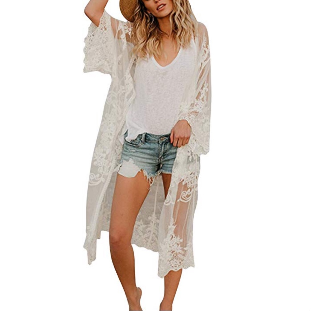 ***Bundle 2 for $10 Deal*** Long Lace Beach Kimono swim coverup - Picture 2 of 4